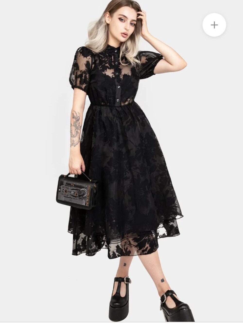 Disturbia Spectre Layered Midi Shirt Dress Black Floral Women's 10 Sheer Gothic